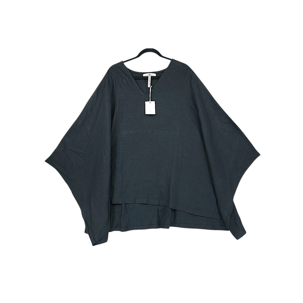 Crown Linen Designs Poncho Top OS Women Black V-Neck High-Low 100% Linen Boho